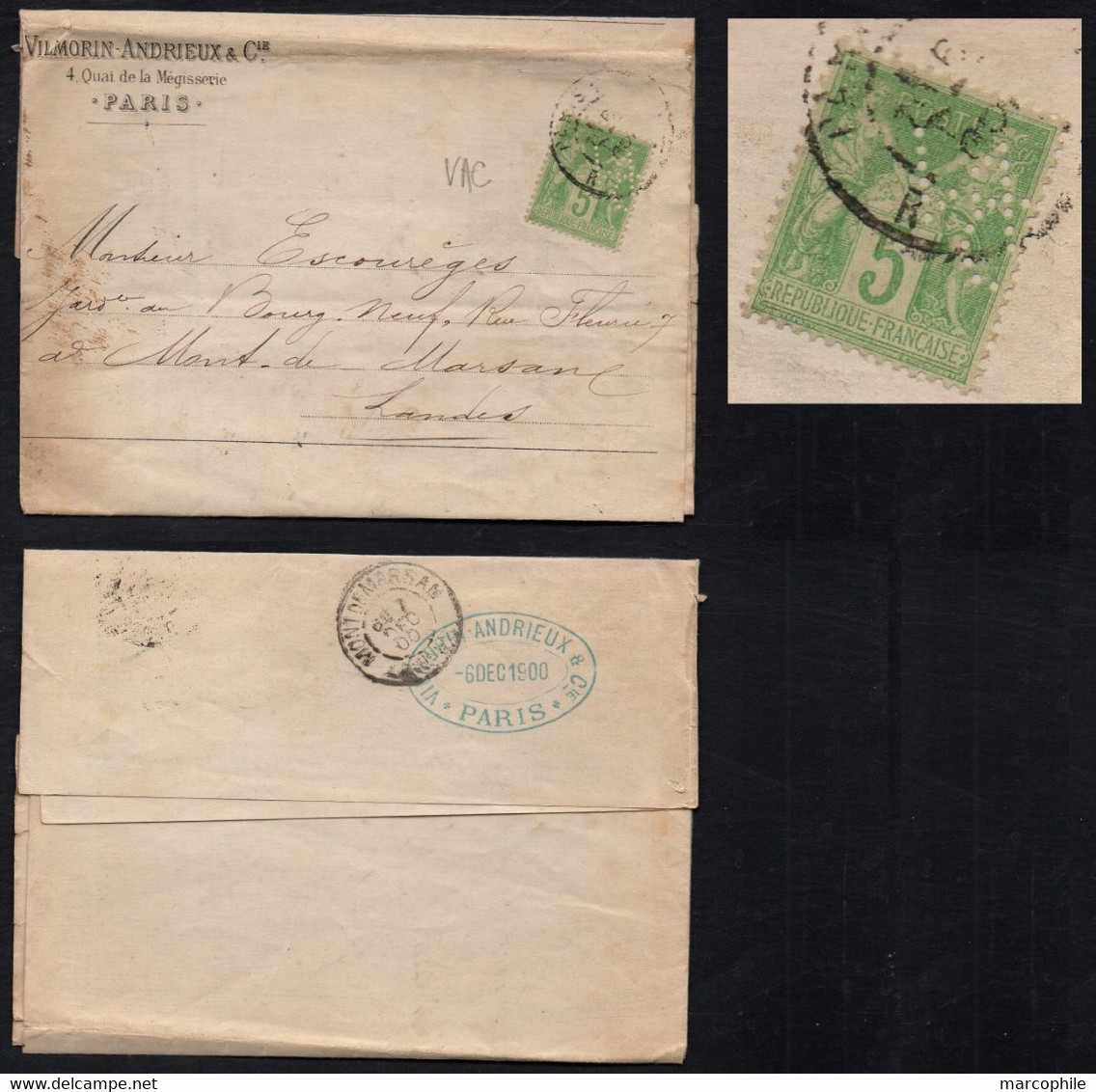 VILMORIN ANDRIEUX & CIE - TYPE SAGE / 1900 PERFORE "VAC" SUR LETTRE ==> MONT DE MARSAN / PERFIN (ref 4156) - Covers & Documents