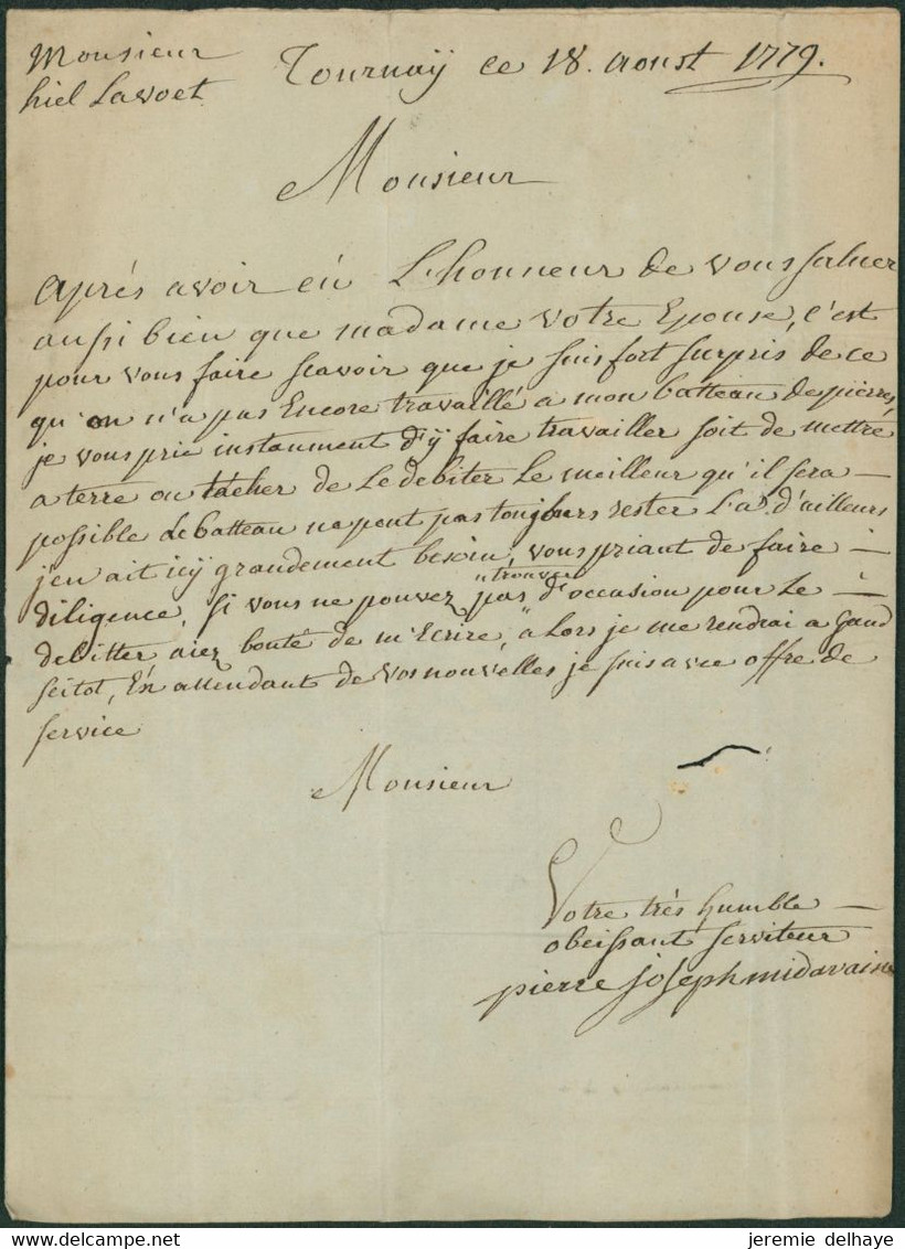 Précurseur - LAC Datée De Tournay (1779) + Cercle Noir "T", Port 3 Sous > Marchand & Cabaretier à Gand - 1714-1794 (Paises Bajos Austriacos)