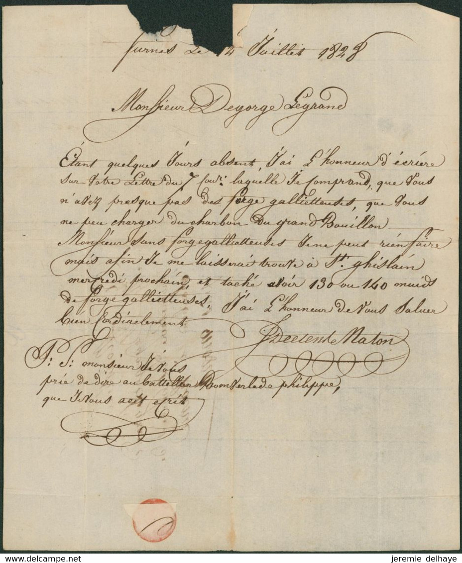 Précurseur - L. Datée 12/7/1828 + Obl Linéaire Noire VEURNE (type 2), Port 25 Cents > Hornu, Mines De Charbons - 1815-1830 (Dutch Period)
