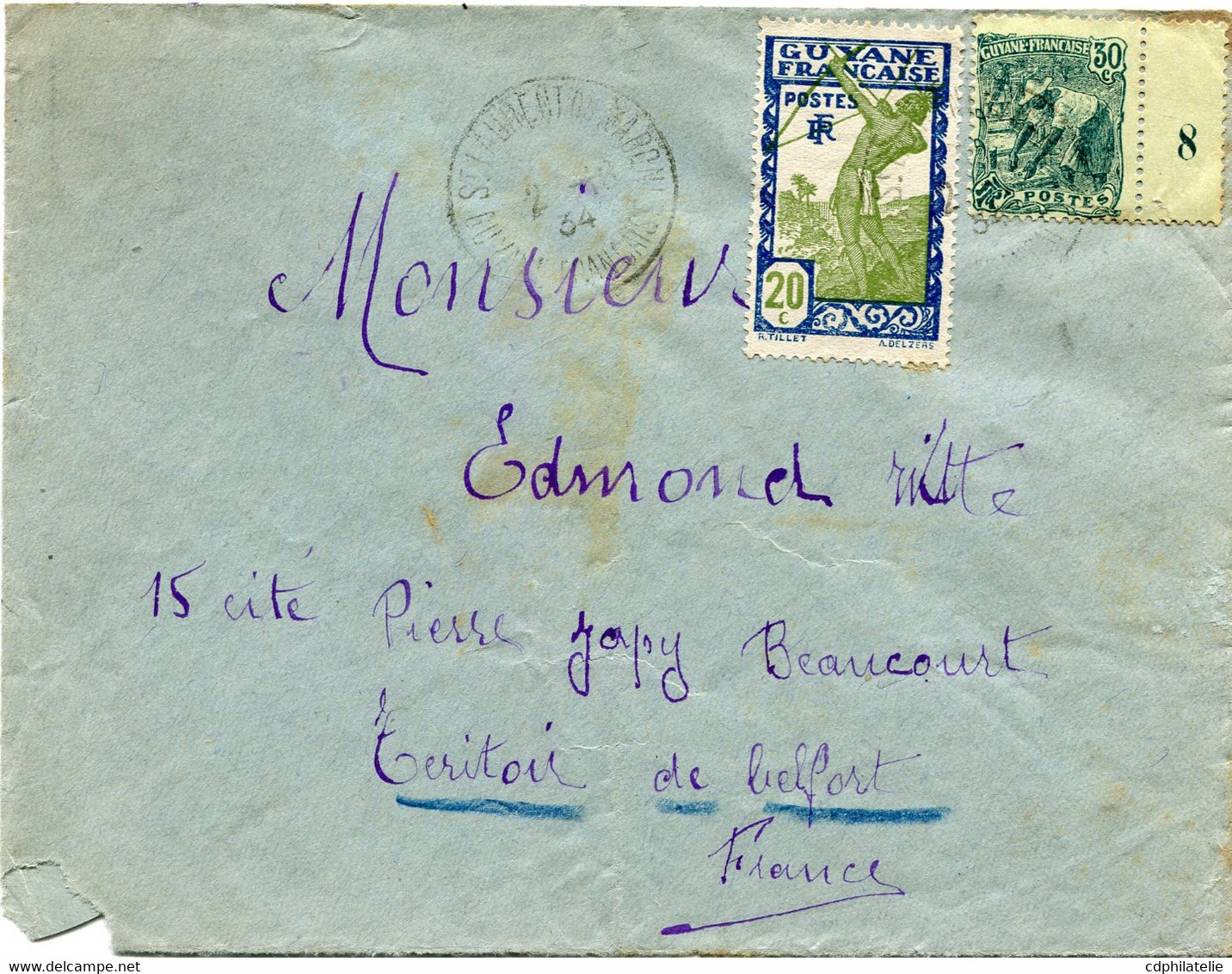 GUYANE FRANCAISE LETTRE DEPART ST LAURENT DU MARONI 2-11-34 GUYANE FRANCAISE POUR LA FRANCE - Brieven En Documenten