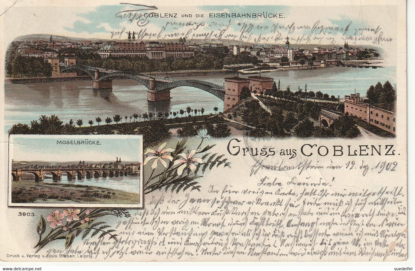 Koblenz, Litho , 1902 ,Eisenbahn- Und Moselbrücke - Koblenz