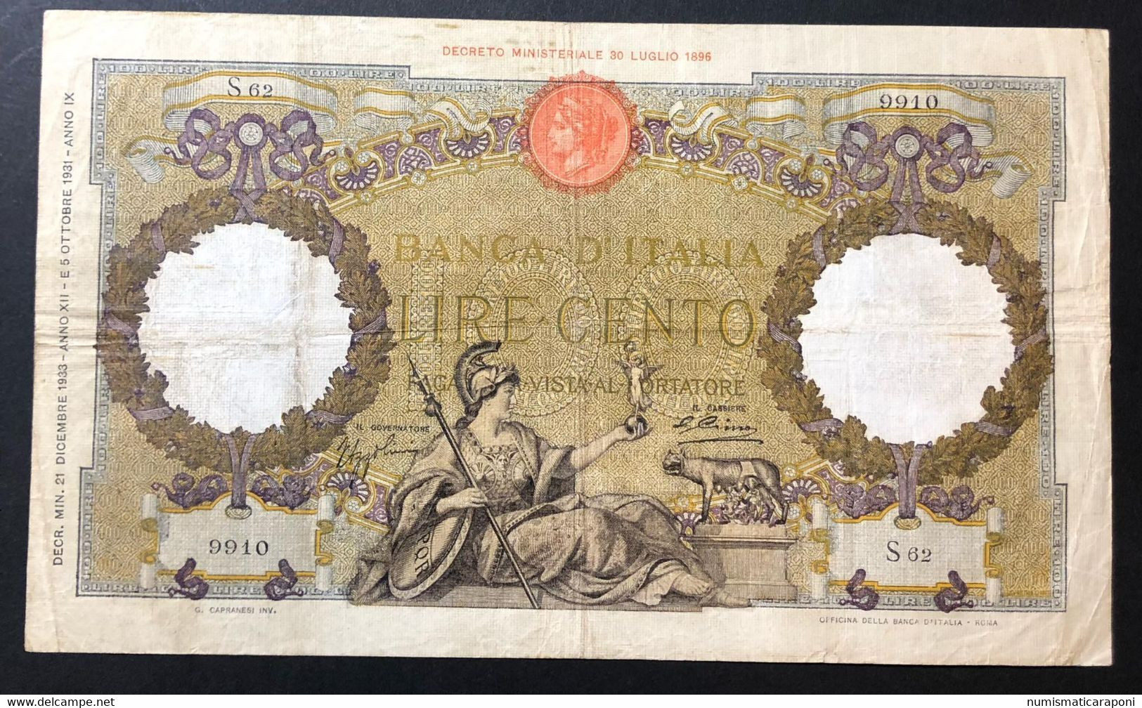 100 LIRE ROMA GUERRIERA FASCIO ROMA 21 12 1933 BIGLIETTO Naturale BB Ottimi Colori LOTTO 4086 - 100 Lire