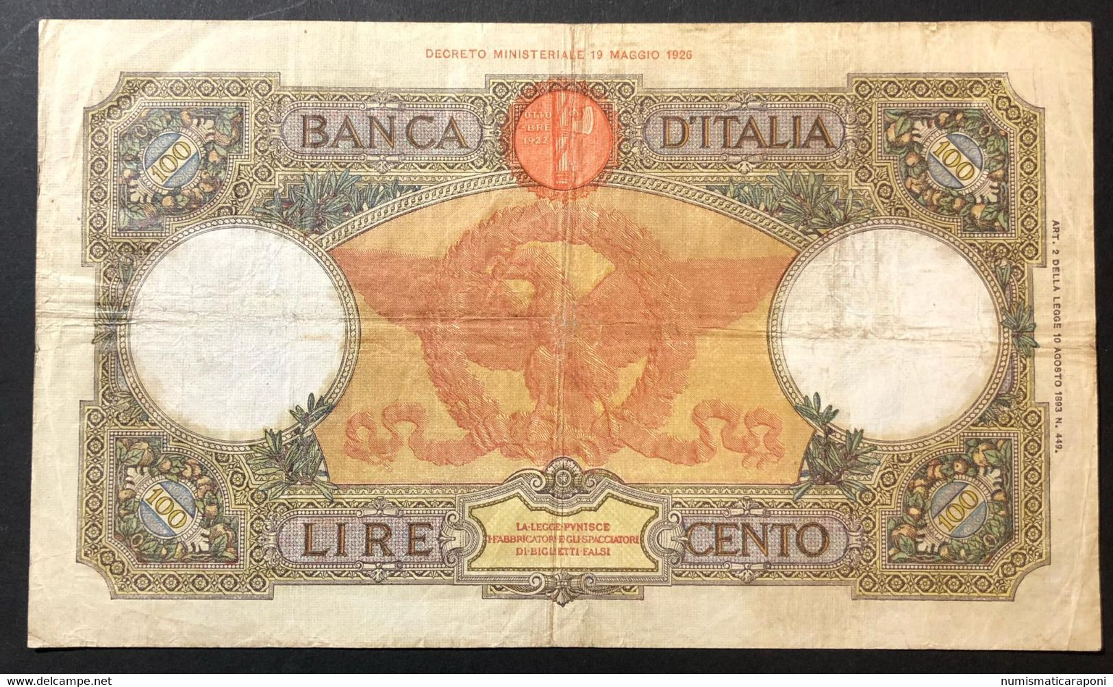 100 LIRE ROMA GUERRIERA FASCIO ROMA 21 12 1933 BIGLIETTO Naturale BB Ottimi Colori LOTTO 4086 - 100 Liras