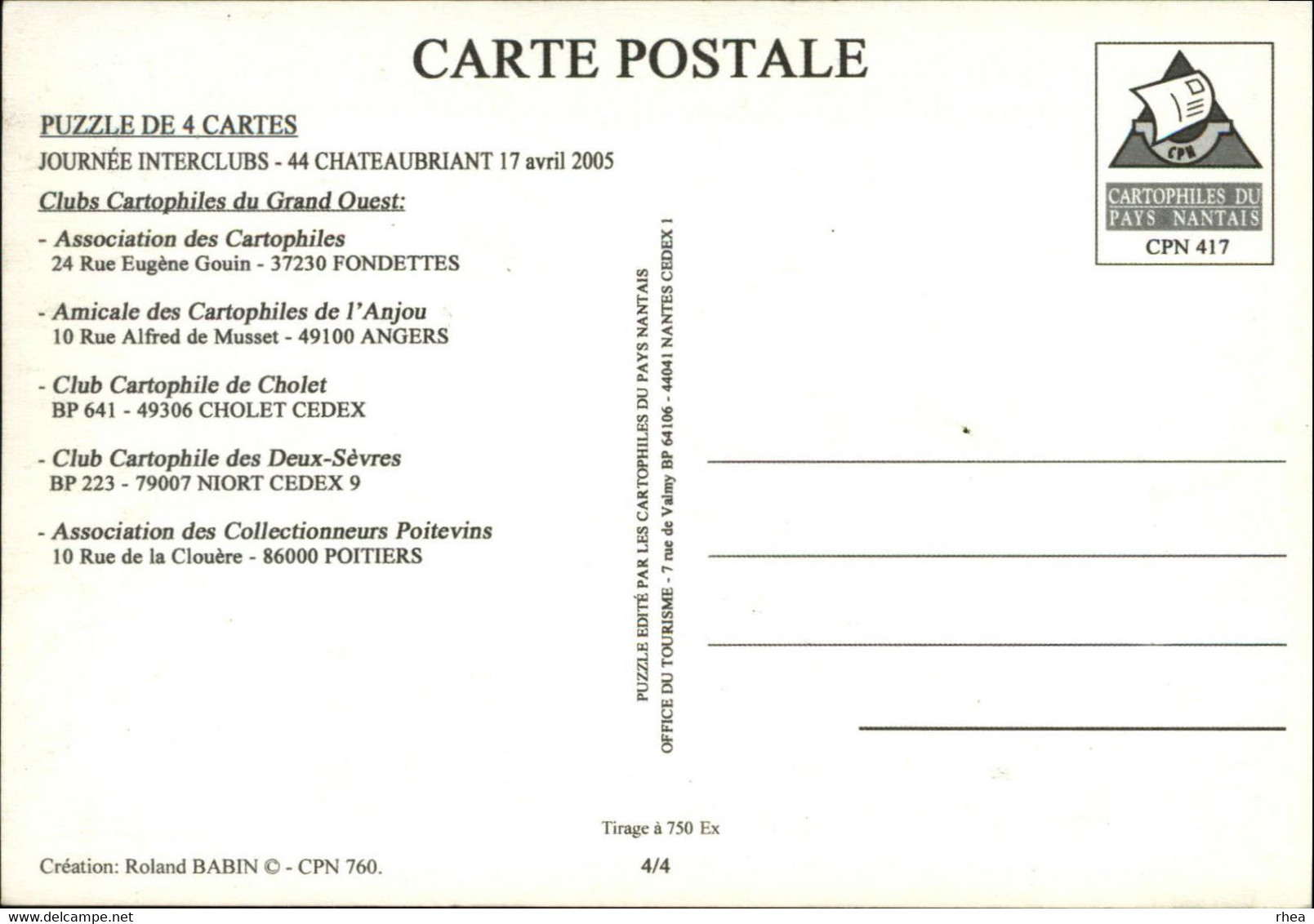 44 - NANTES - Châteaubriant - PUZZLE De 4 Cartes - Journées Interclubs Du Grand Ouest - 2005 - Bourses & Salons De Collections