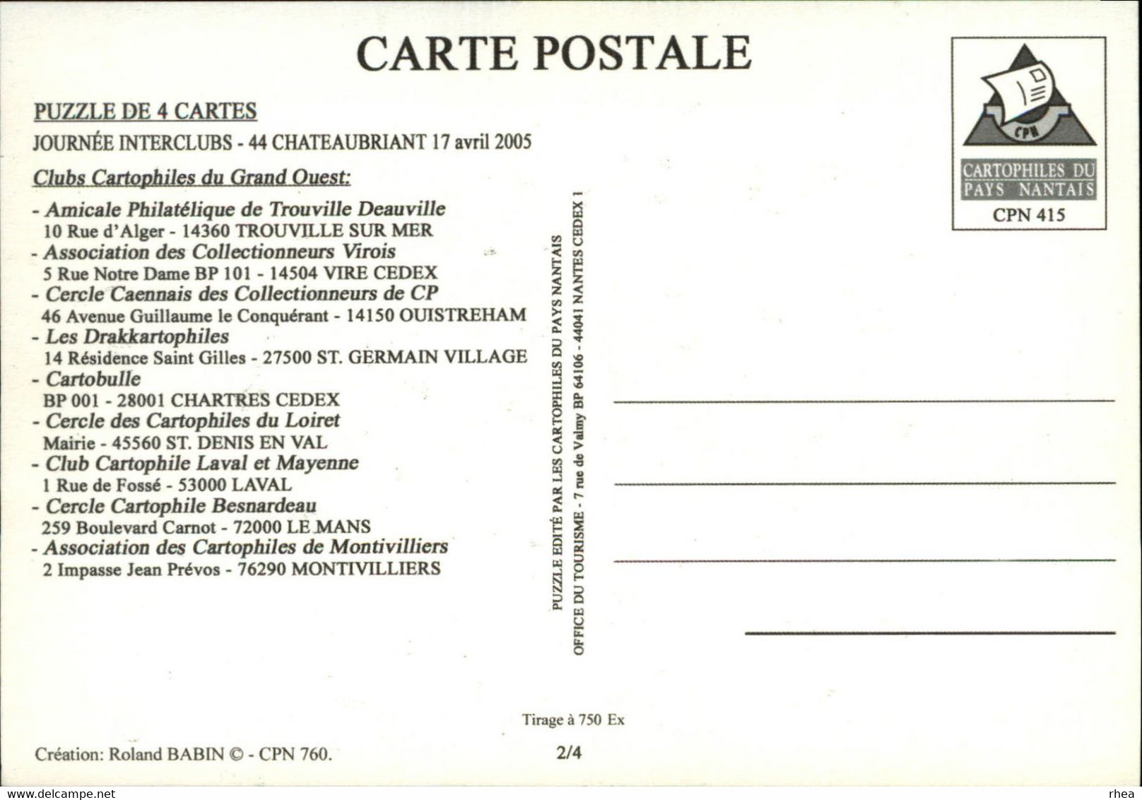 44 - NANTES - Châteaubriant - PUZZLE De 4 Cartes - Journées Interclubs Du Grand Ouest - 2005 - Bourses & Salons De Collections