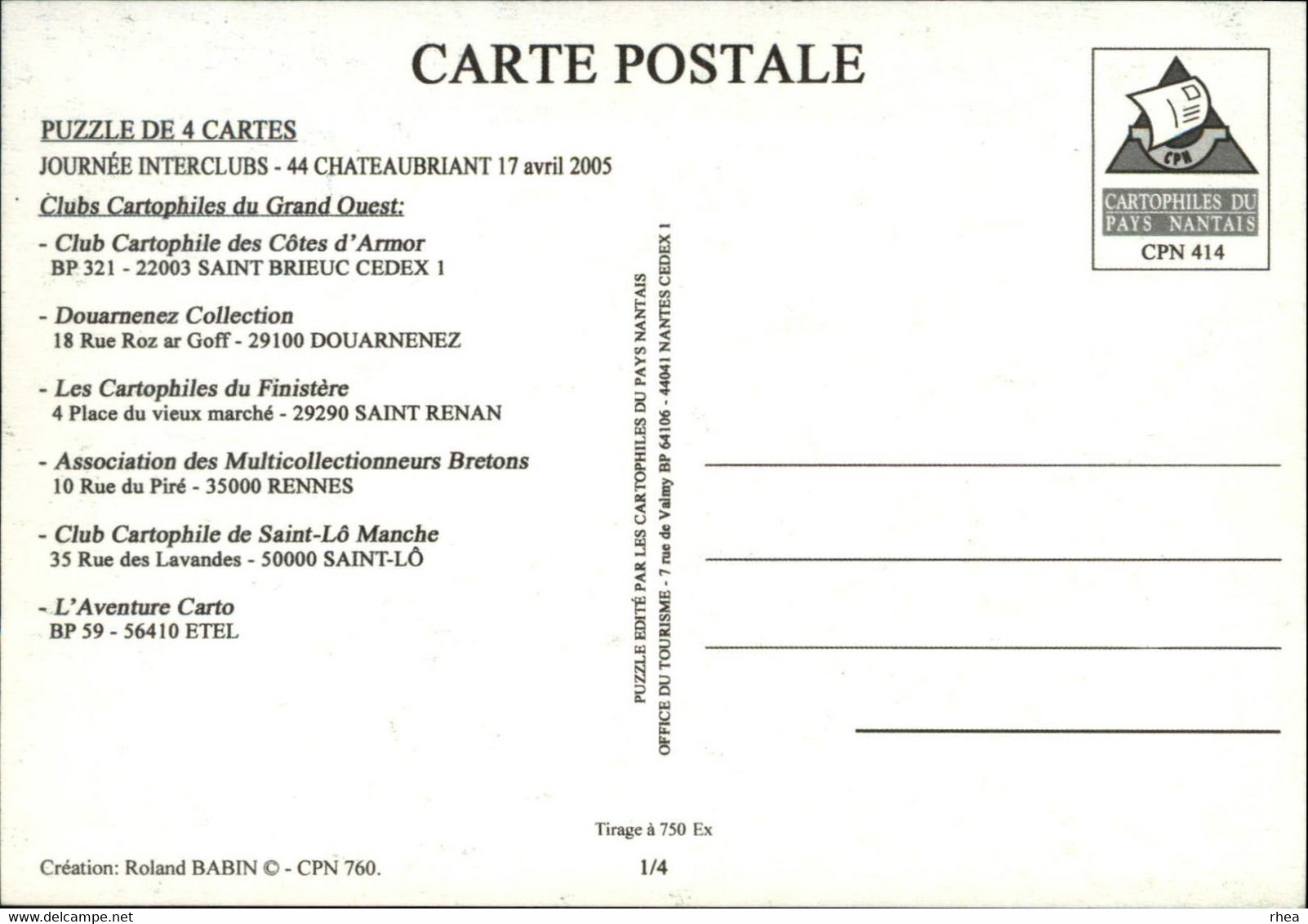 44 - NANTES - Châteaubriant - PUZZLE de 4 Cartes - Journées Interclubs du Grand Ouest - 2005