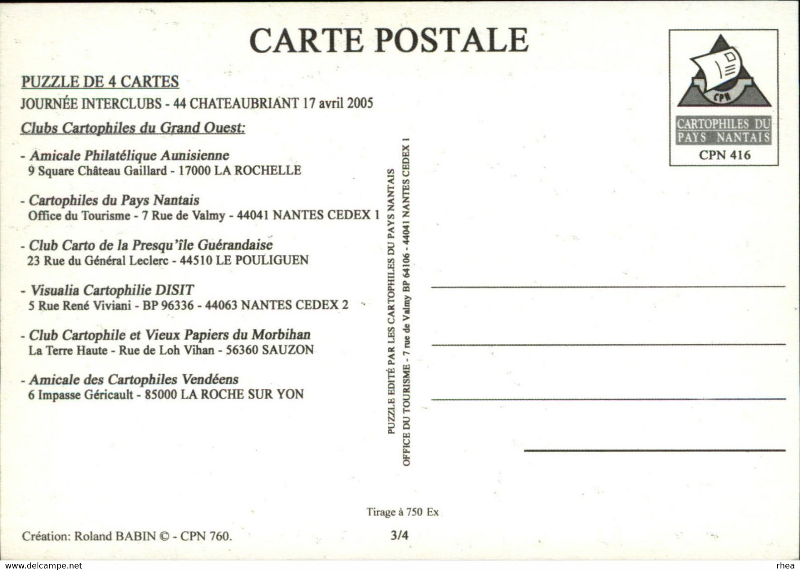 44 - NANTES - Châteaubriant - PUZZLE de 4 Cartes - Journées Interclubs du Grand Ouest - 2005