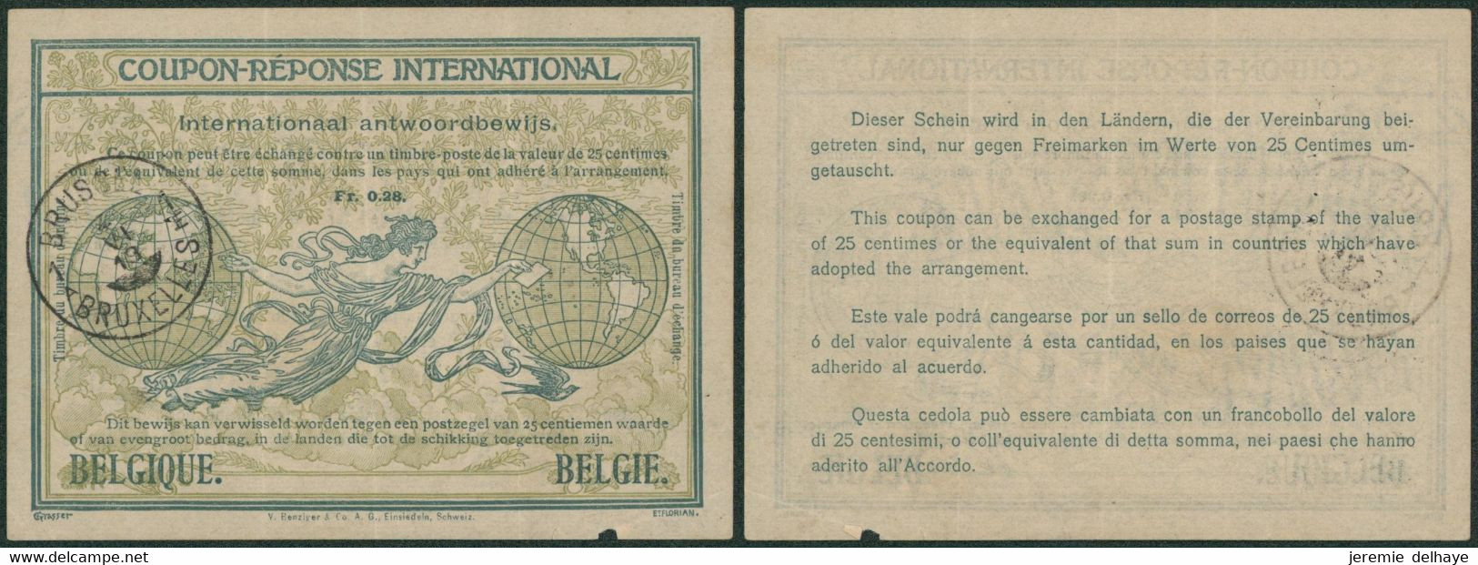 Coupon-réponse International (bilingue) "Modèle De Rome Avec Filigrane Union Postal Universelle" + Obl Bruxelles 1919 - Post Office Leaflets