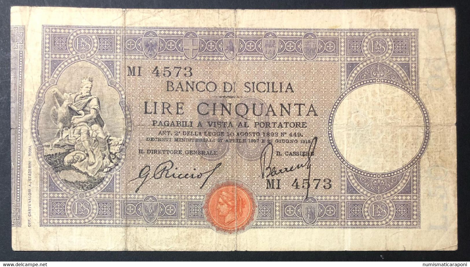 Banco Di Sicilia 50 Lire 22 06 1915 Q.bb Naturale Ottima Carta Lotto.4089 - Other & Unclassified