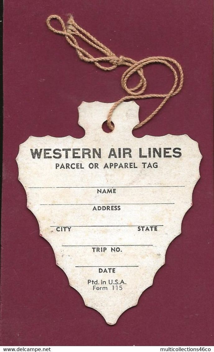 060922 - AVIATION ETIQUETTE A BAGAGE - WESTERN AIR LINES Parcel Or Apparel TAG - Indien Flèche - Aufklebschilder Und Gepäckbeschriftung