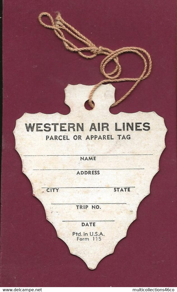 060922 - AVIATION ETIQUETTE A BAGAGE - WESTERN AIR LINES Parcel Or Apparel TAG - Indien Flèche - Etiquetas De Equipaje