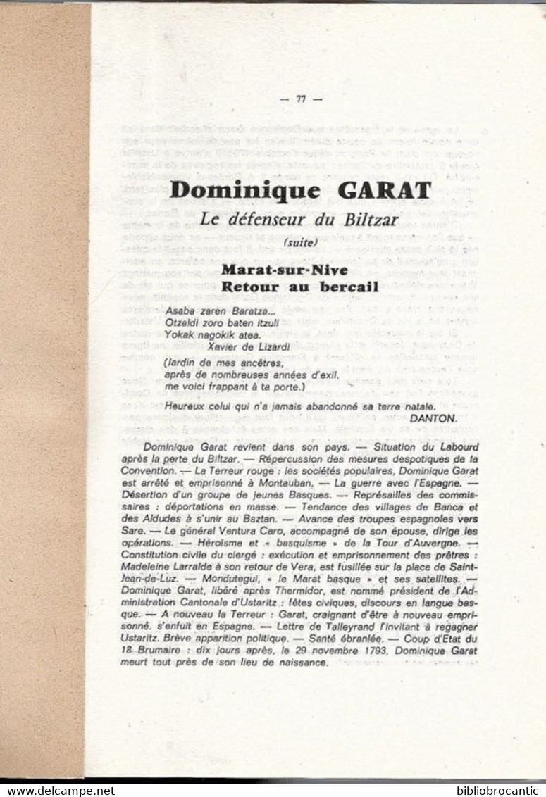 DOMINIQUE GARAT, LE DEFENSEUR DU BILTZAR - Marat-sur-Nive, Retour Au Bercail Par I. FAGOAGA - Pays Basque