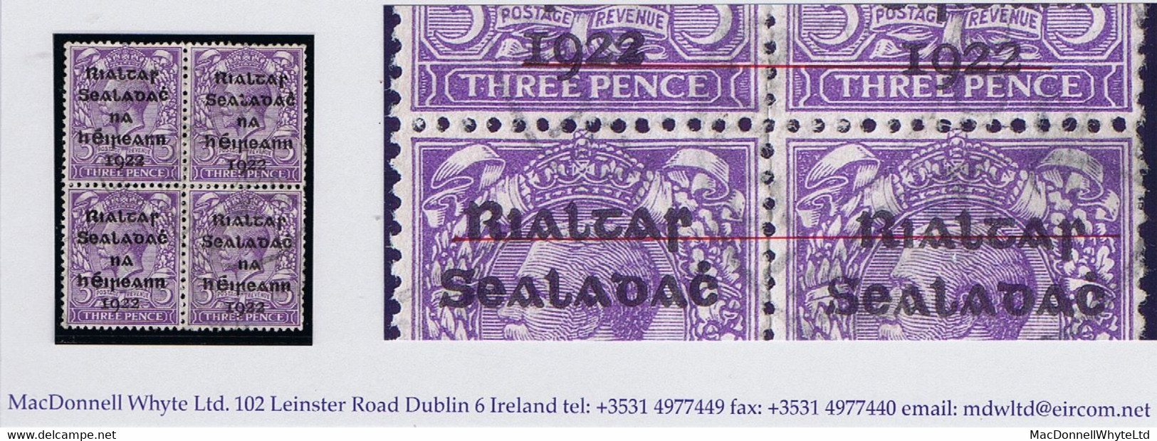 Ireland 1922 Dollard Rialtas 5-line Ovpt On 3d, Block Of 4 With Two "Out-of-alignment" Pairs Used, Light 1922 Cds - Neufs