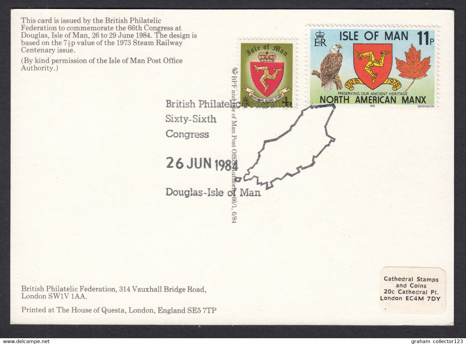 1984 Postcard Isle Of Man Steam Railway Displaying Two IOM Stamps With British Philatelic 66th Congress SHS - Non Classés