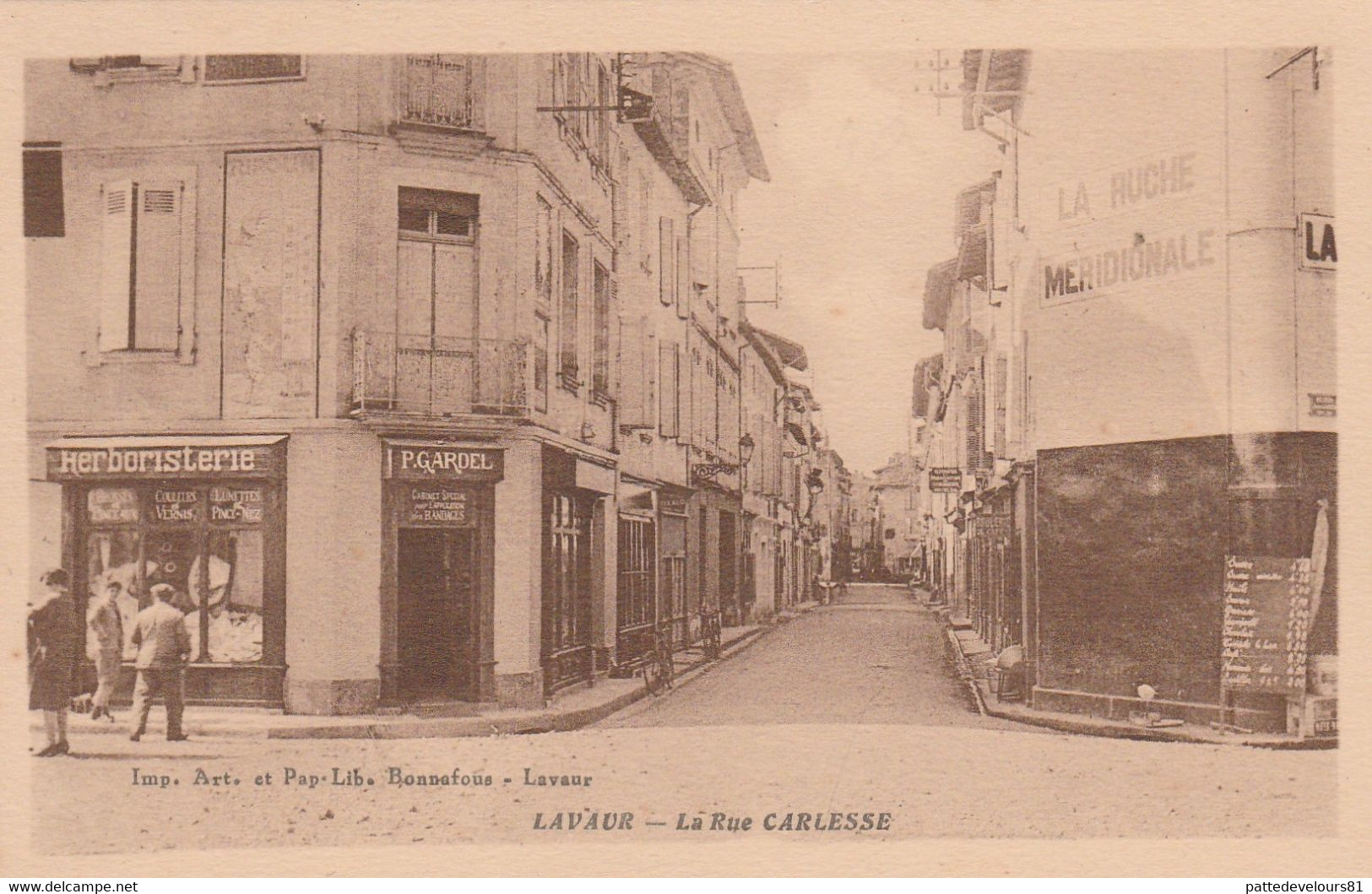 CPSM Sépia (81) LAVAUR La Rue Carlesse  Commerce Herboristerie P. GARDEL - Lavaur