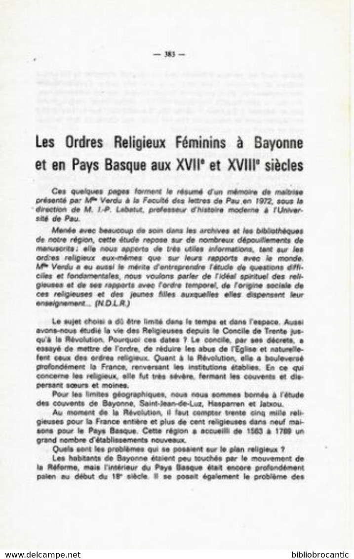 ORDRES RELIGIEUX FEMININS à BAYONNE & PAYS BASQUE XVIIe,XVIIIe Siècles Par F.GAUDEUL - Baskenland