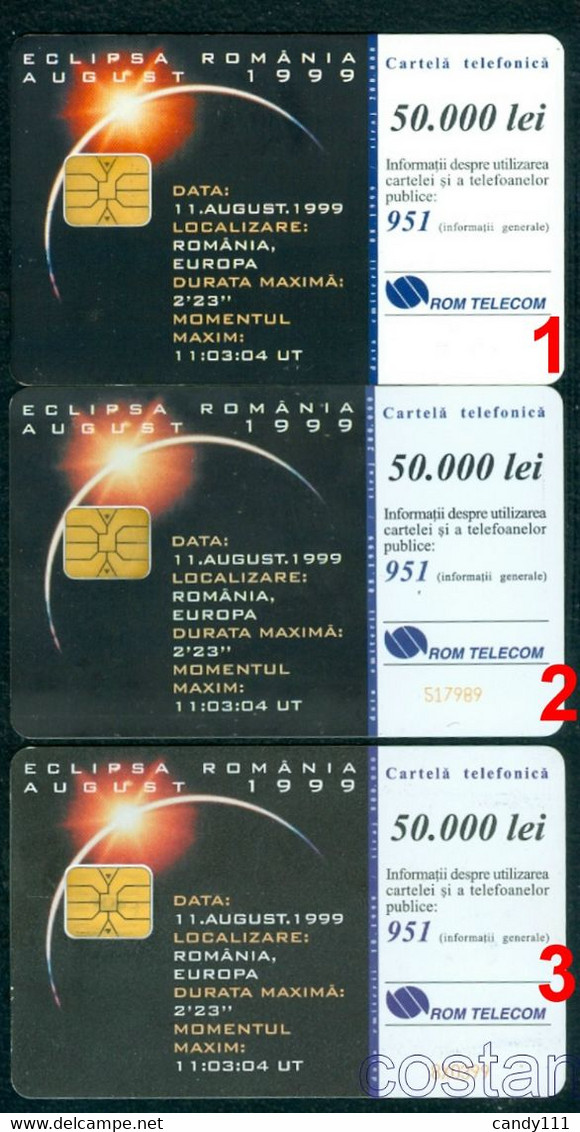 1999 Sun Eclipse,Sonnenfinsternis,Romania,3 Used Phonecards/phone Card, Phonecard,variety - Espacio