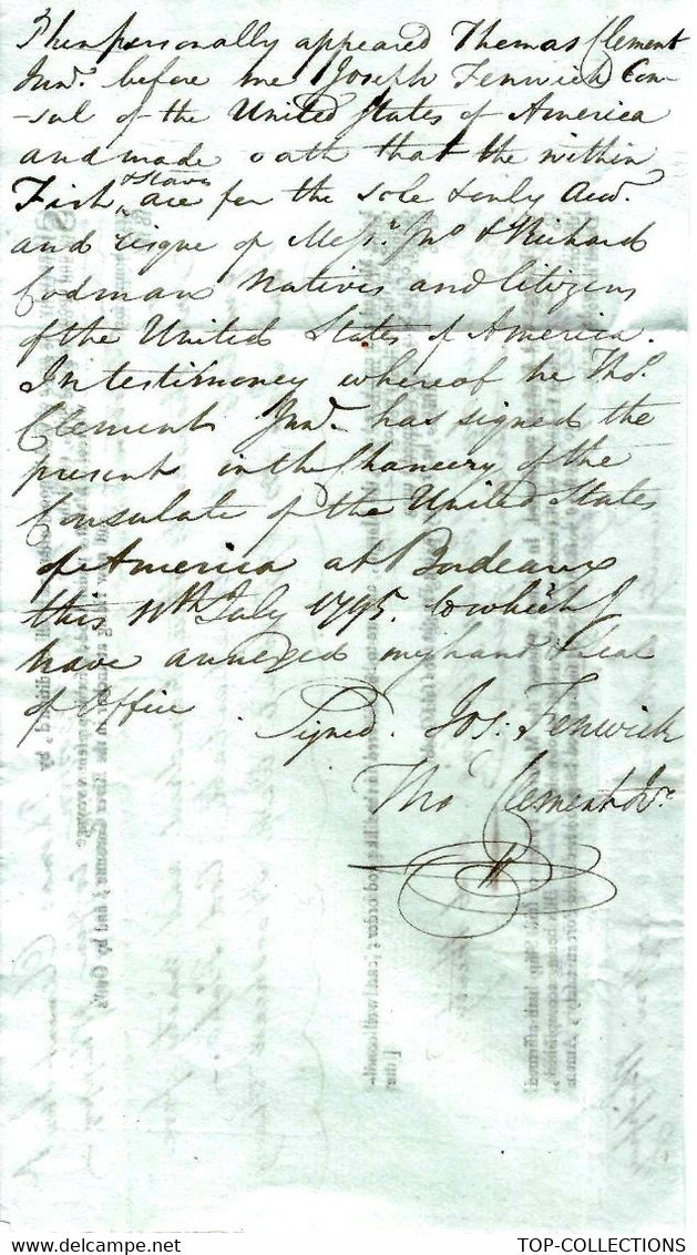 1795 BILL OF LADING CONNAISSEMENT Sign. Par Le 1er / First Consul Des Etats Unis D’Amérique / United States Of America - Documenti Storici