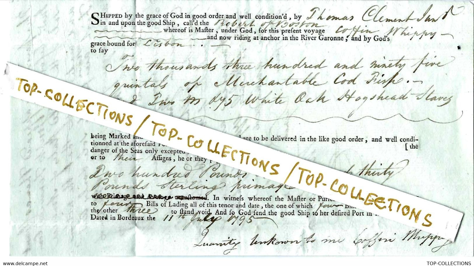 1795 BILL OF LADING CONNAISSEMENT Sign. Par Le 1er / First Consul Des Etats Unis D’Amérique / United States Of America - Documentos Históricos