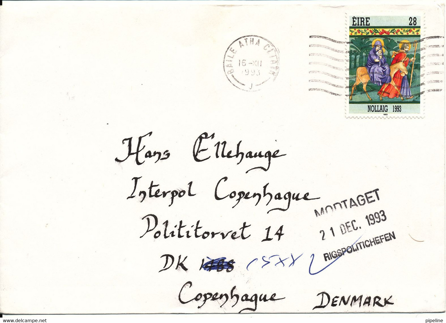Ireland Cover Sent To Denmark Baile Atha Cliath 16-12-1993 With Single Christmas Stamp - Brieven En Documenten