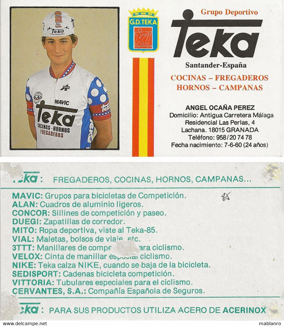 CARTE CYCLISME ANGEL OCAÑA TEAM TEKA 1985 ( VOIR PARTIE ARRIERE ) - Ciclismo
