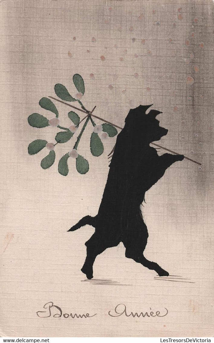 CPA Bonne Année Silhouette D'un Chien Qui Marche Sur Deux Pattes - Gui - 1919 - Silhouette - Scissor-type