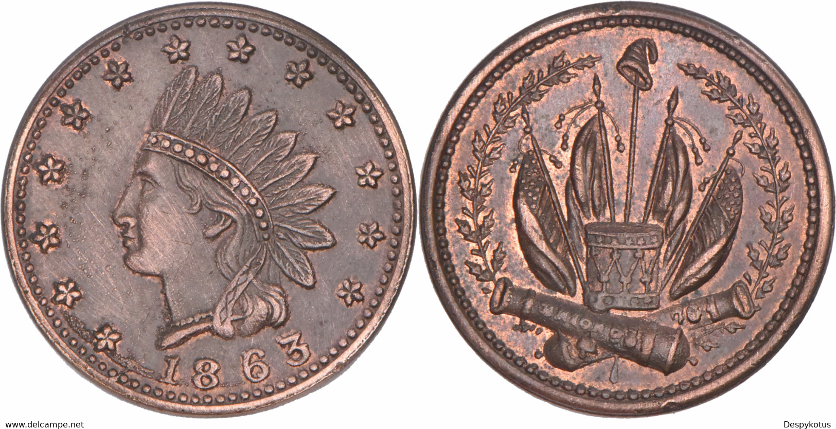 Etats-Unis - Jeton Guerre Civile - 1863 - Tête D'indien - Canons Et Drapeaux - SPLENDIDE - 07-007 - Monetary/Of Necessity