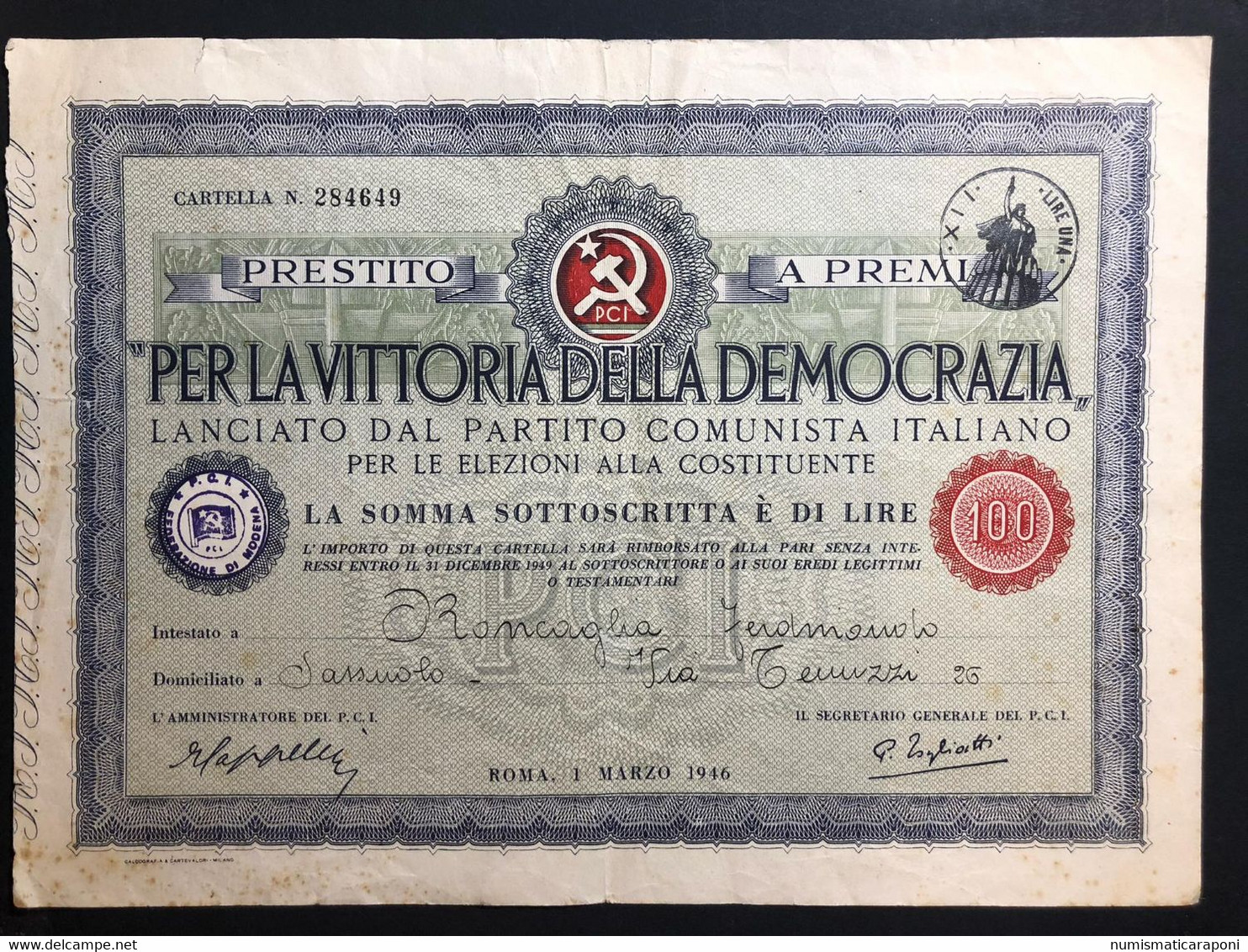 P.c.i. Prestito A Premi Per La Vittoria Della Democrazia 1000 + 500 + 100 Lire Roma 01 03 1946 LOTTO 4096 - Otros & Sin Clasificación