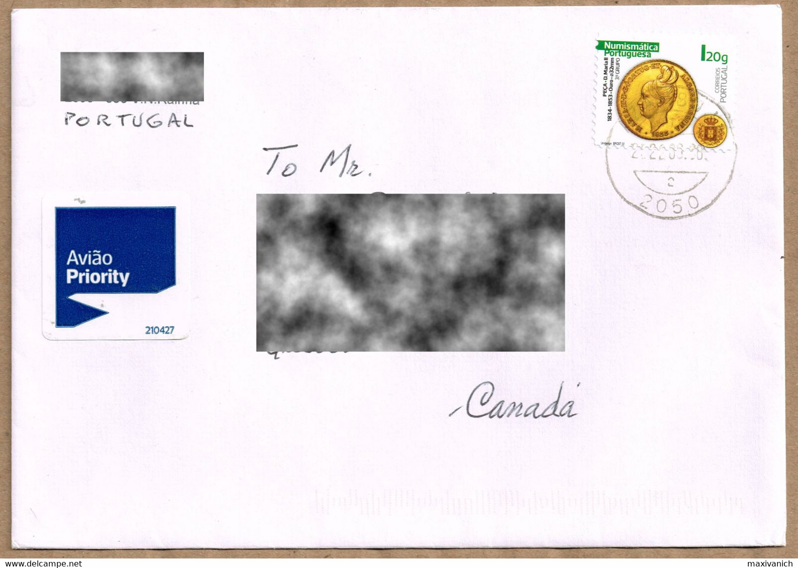 Portugal 2022  Portuguese Numismatics Peça Of Maria II Cover To Canada - Usados