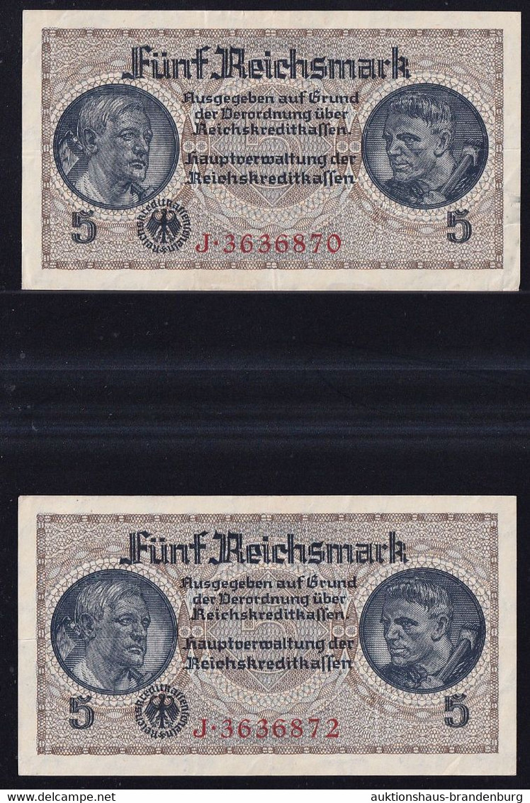 2x 5 Reichsmark 1939 O.A. - Serie J Mit Fast Laufender KN - Reichskreditkassen (ZWK-4a) - Andere & Zonder Classificatie