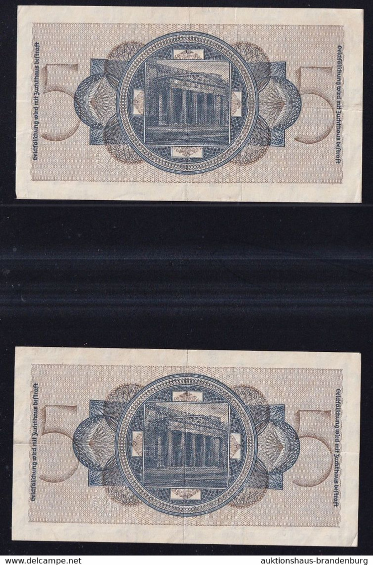 2x 5 Reichsmark 1939 O.A. - Serie J Mit Fast Laufender KN - Reichskreditkassen (ZWK-4a) - Altri & Non Classificati