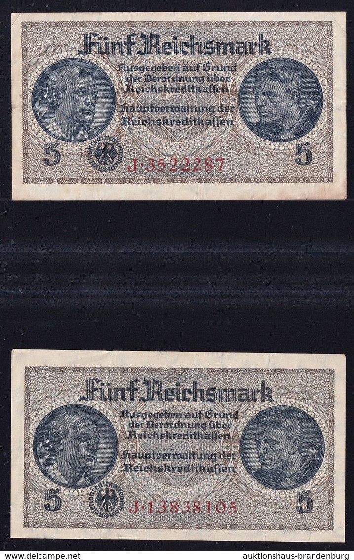 2x 5 Reichsmark 1939 O.A. - Serie J Mit KN 7- + 8-stellig - Reichskreditkassen (ZWK-4a, B) - Sonstige & Ohne Zuordnung