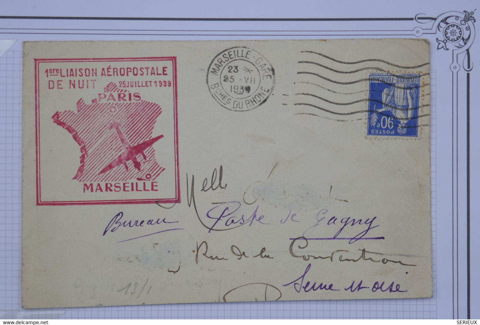 BD9 FRANCE BELLE LETTRE  RR 1939 1ERE LIAISON PARIS  MARSEILLE +AEROPHILATELE+++AFFRANCH. PLAISANT - 1927-1959 Covers & Documents