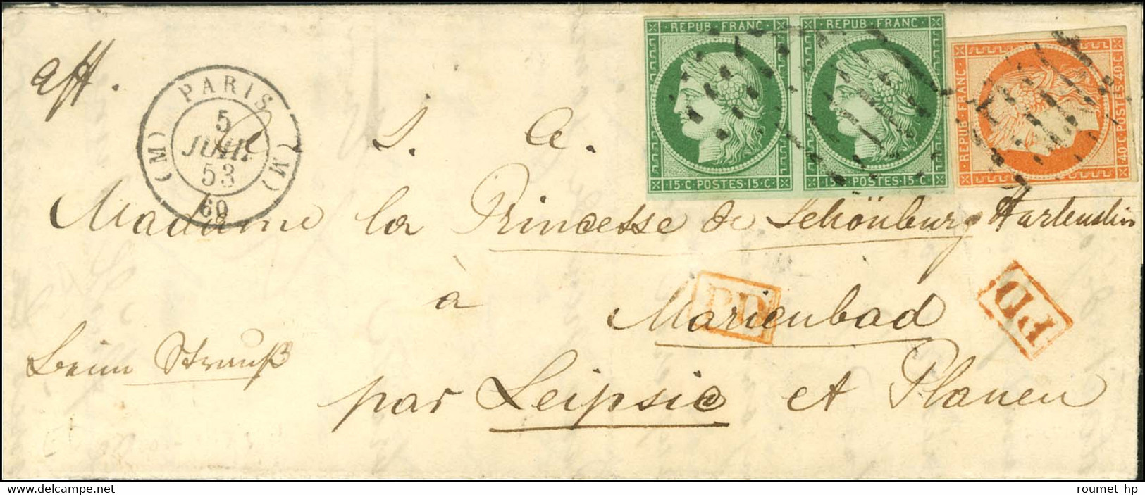 Rouleau De Gros Points / N° 2 Vert Foncé, Paire + N° 5 Càd (M) PARIS (M) 60 Sur Lettre Avec Texte Pour Marienbad Par Lei - 1849-1850 Ceres