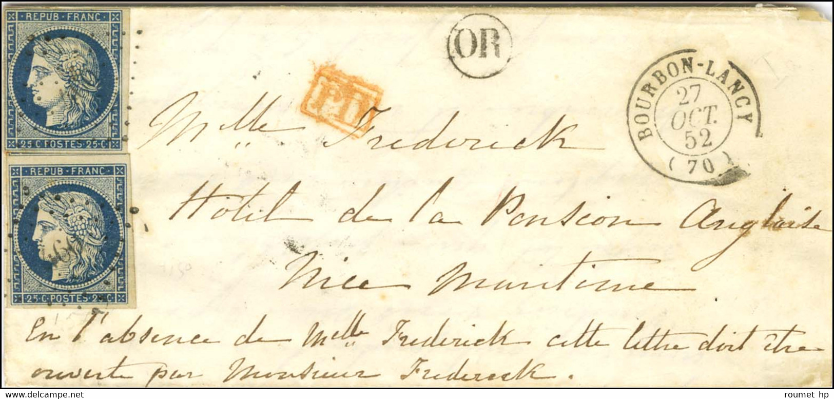 PC 460 / N° 4 (2) Càd T 15 BOURBON-LANCY (70) Sur Lettre Pour Nice (Royaume De Sardaigne). 1852. - TB / SUP. - R. - 1849-1850 Cérès
