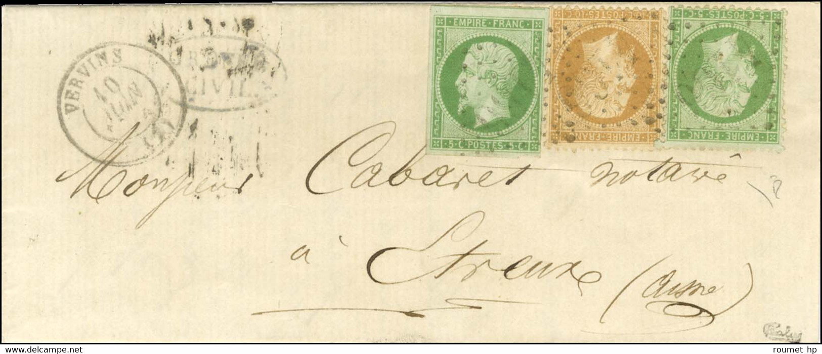 PC 2582 / N° 12 + N° 20 + N° 21 Càd T 15 VERVINS (2) Sur Lettre Territoriale Pour Etreux. 1864. Très Rare Affranchisseme - 1853-1860 Napoleon III