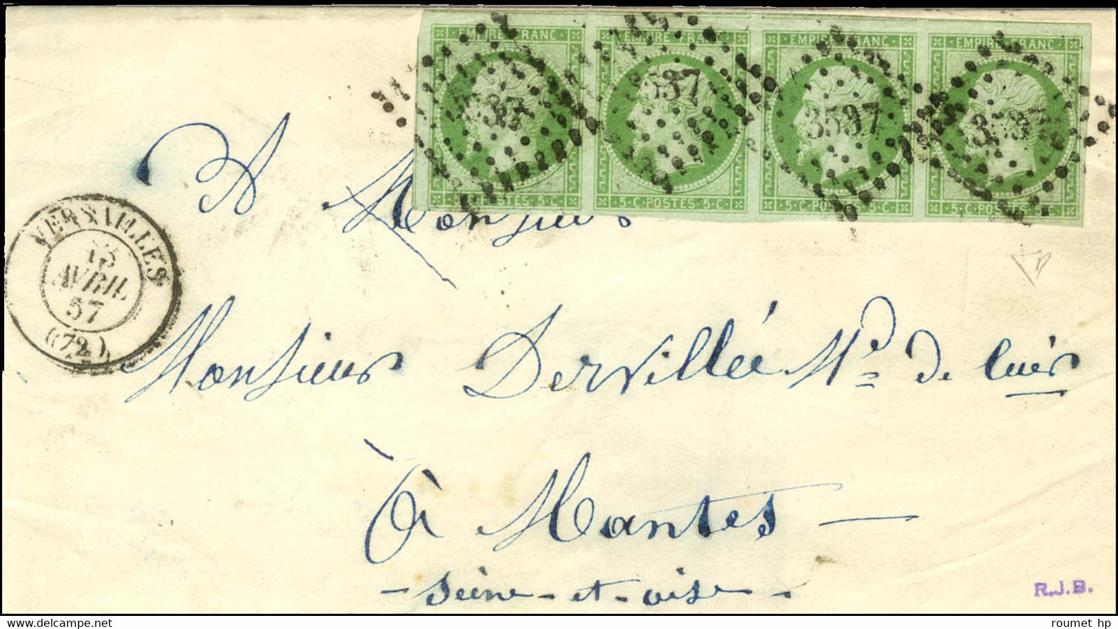 PC 3537 / N° 12 Vert Foncé Sur Vert, Bande De 4, Très Belle Marge Càd T 15 VERSAILLES (72) Sur Lettre Pour Mantes. 1857. - 1853-1860 Napoléon III.
