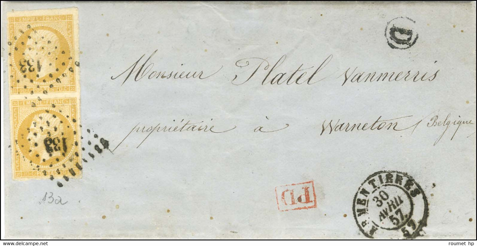 PC 133 / N° 13 Nuance Citron, Paire Càd T 15 ARMENTIÈRES 57, B Rur D Sur Lettre Adressée Au Tarif Frontalier Pour Warnet - 1853-1860 Napoléon III