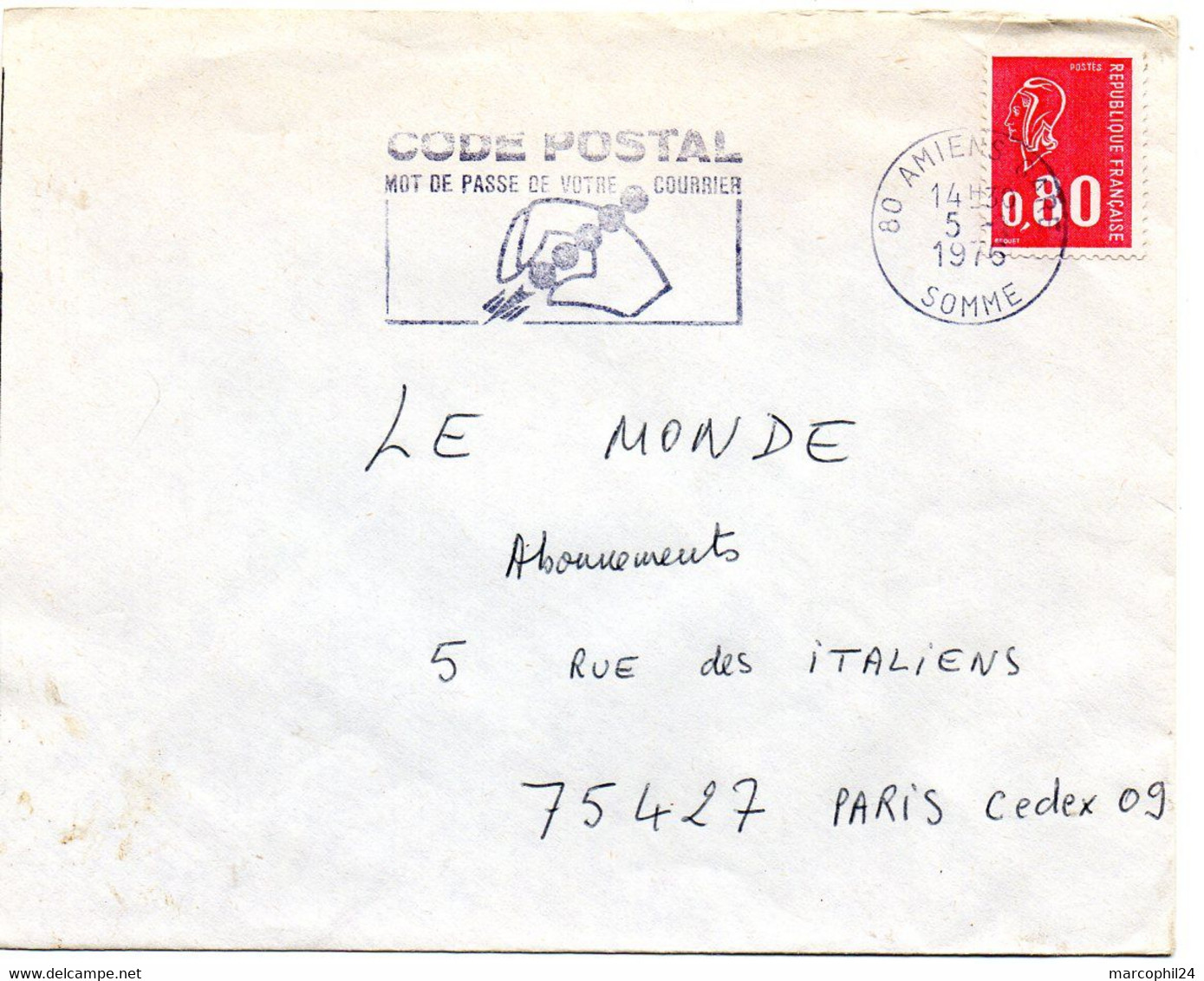 SOMME - Dépt N° 80 = AMIENS GARE 1976  =  FLAMME Codée = SECAP Illustrée ' CODE POSTAL / Mot Passe' - Postcode