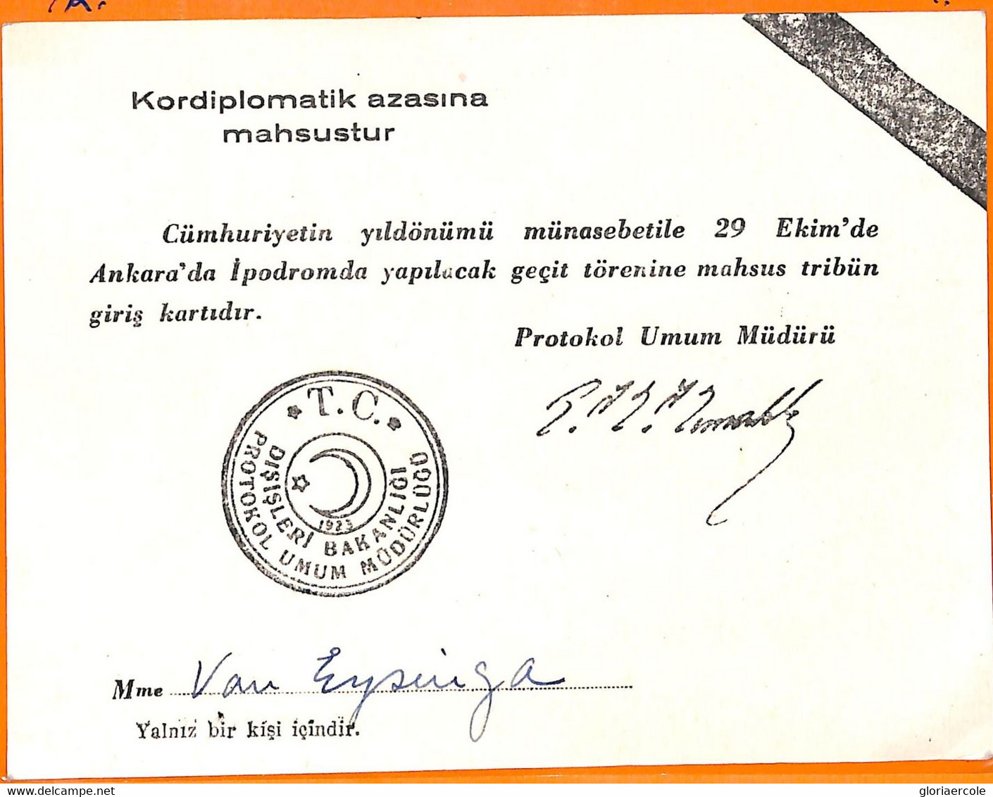 99923 - TURKEY  -  DOCUMENTS / EPHIMERA -  Corps Diplomatique Card 1923 - Briefe U. Dokumente