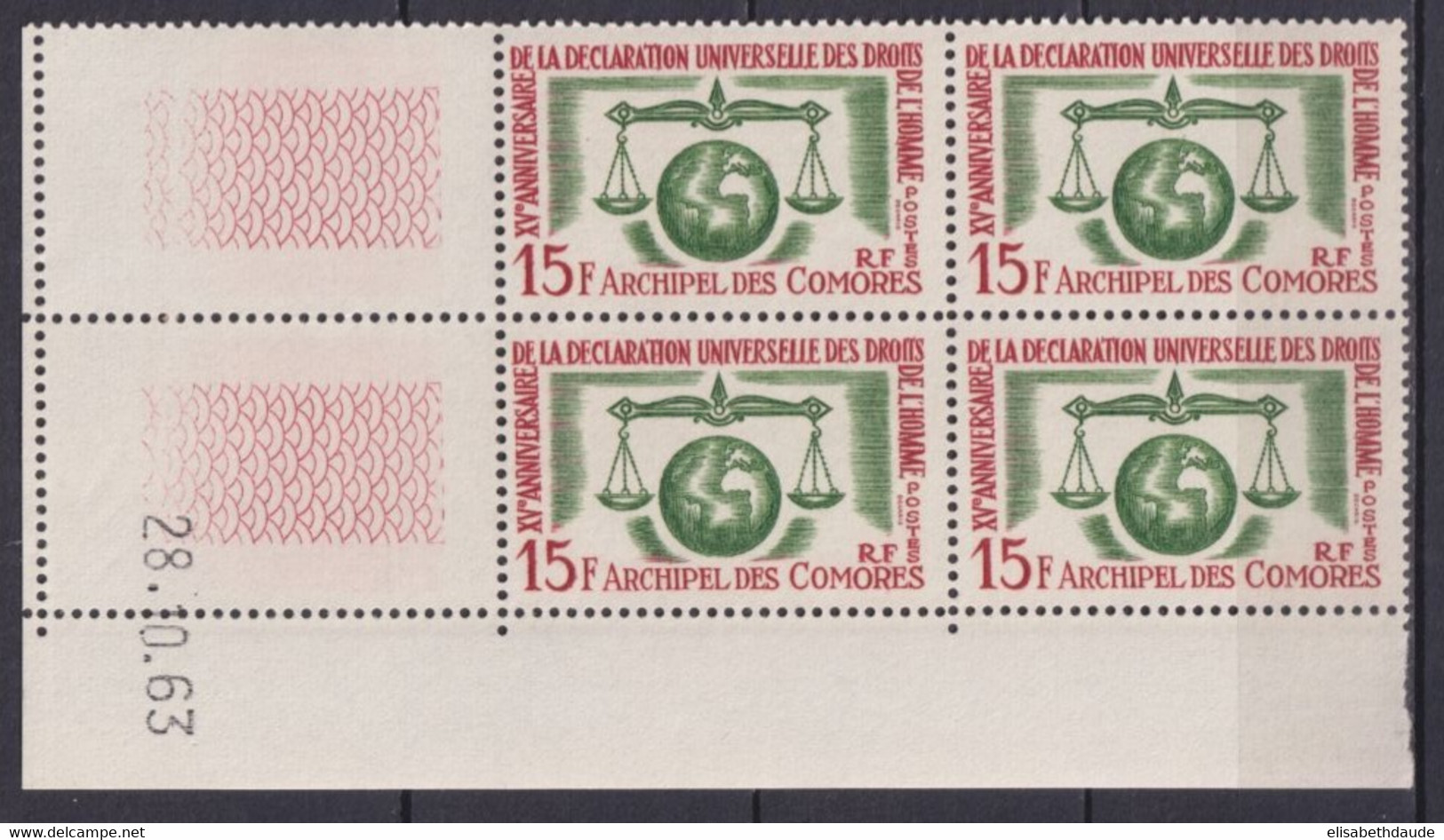 COMORES - 1963 - DROITS DE L'HOMME - YVERT 28 BLOC De 4 COIN DATE ! ** MNH  - COTE = 52++ EUR. - Nuevos