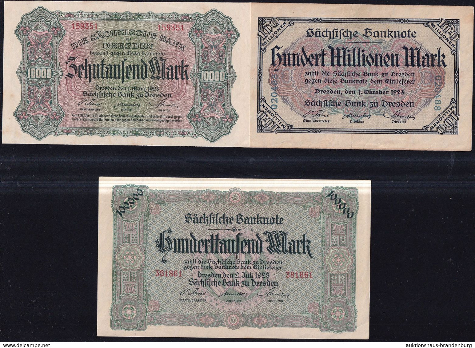3x Dresden: 10.000 Mark, 100.000 + 100 Millionen Mark 1923 - Sächsische Bank - Sammlungen