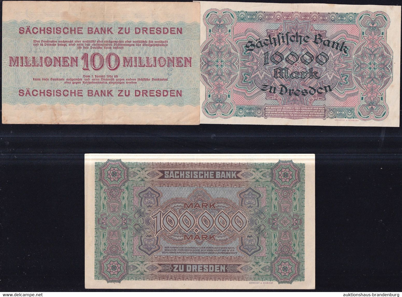 3x Dresden: 10.000 Mark, 100.000 + 100 Millionen Mark 1923 - Sächsische Bank - Sammlungen