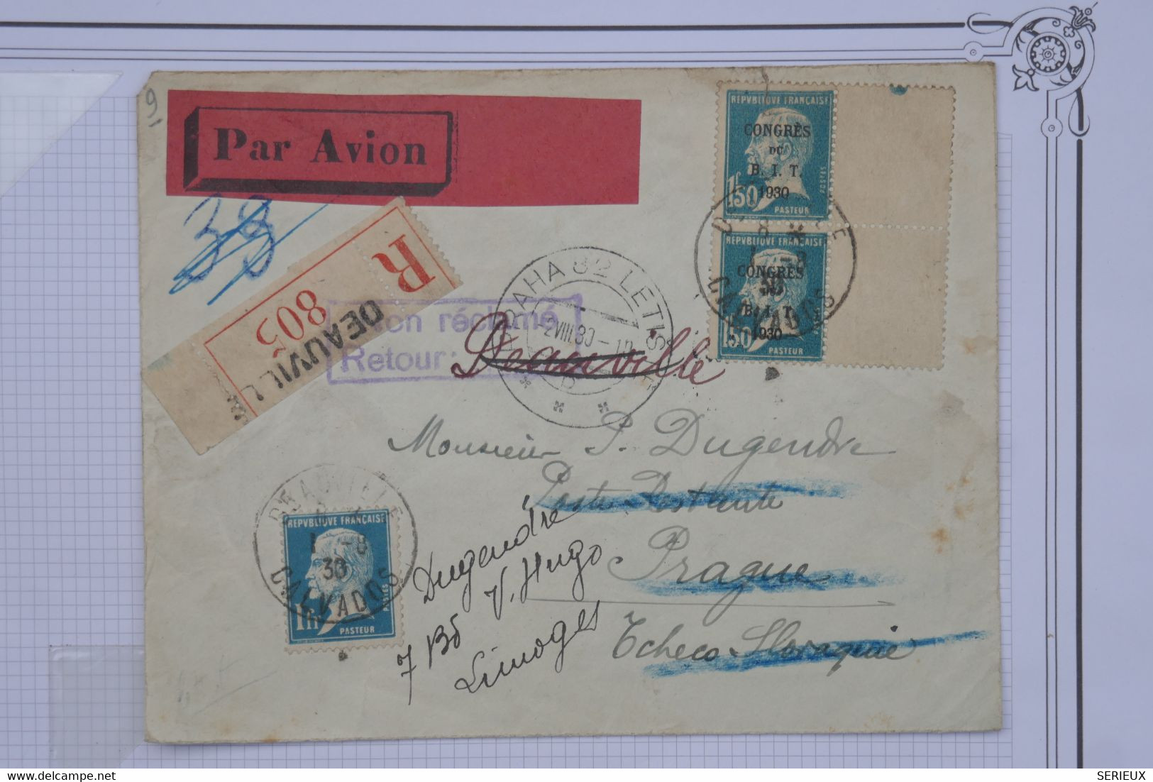 BD9 FRANCE BELLE LETTRE REC RRR 1930 DEAUVILLE A PRAGUE HO +RET A LIMOGE+PAIRE B.I.T AV. BORD  +AERIEN+AFFR. PLAISANT - 1927-1959 Covers & Documents