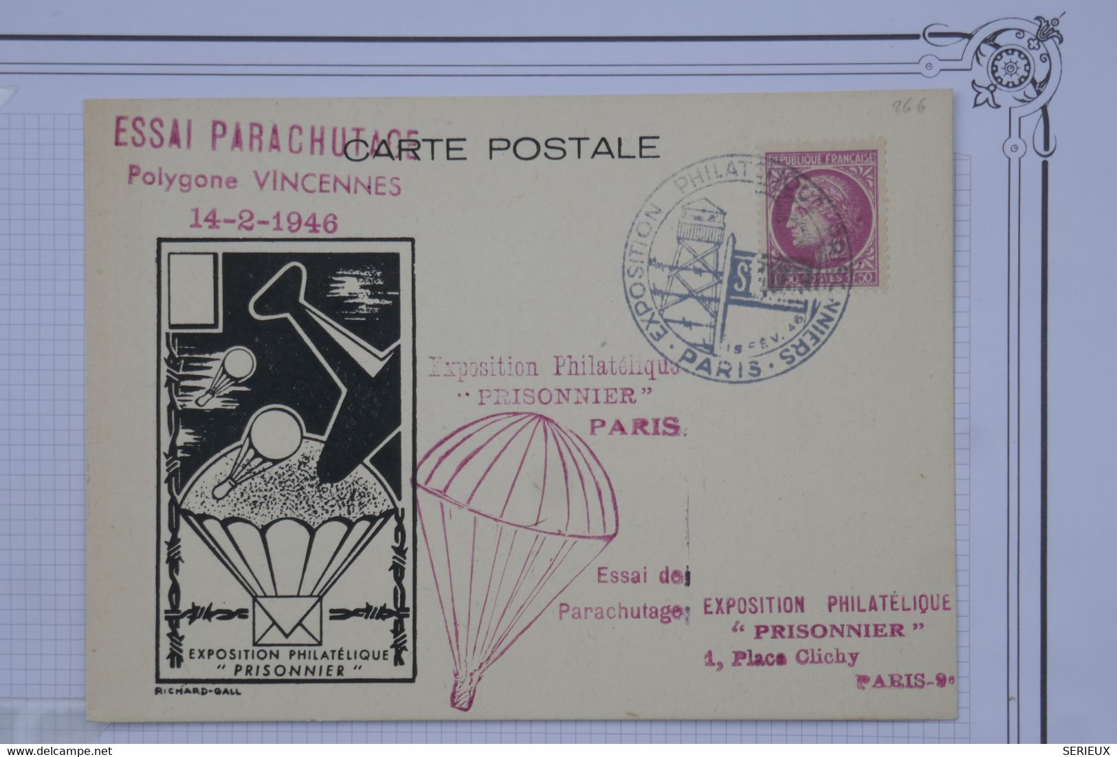 BD9 FRANCE BELLE CARTE  1946 PARIS ESSAI DE PARACHUTAGE +AFFR. PLAISANT - 1927-1959 Cartas & Documentos