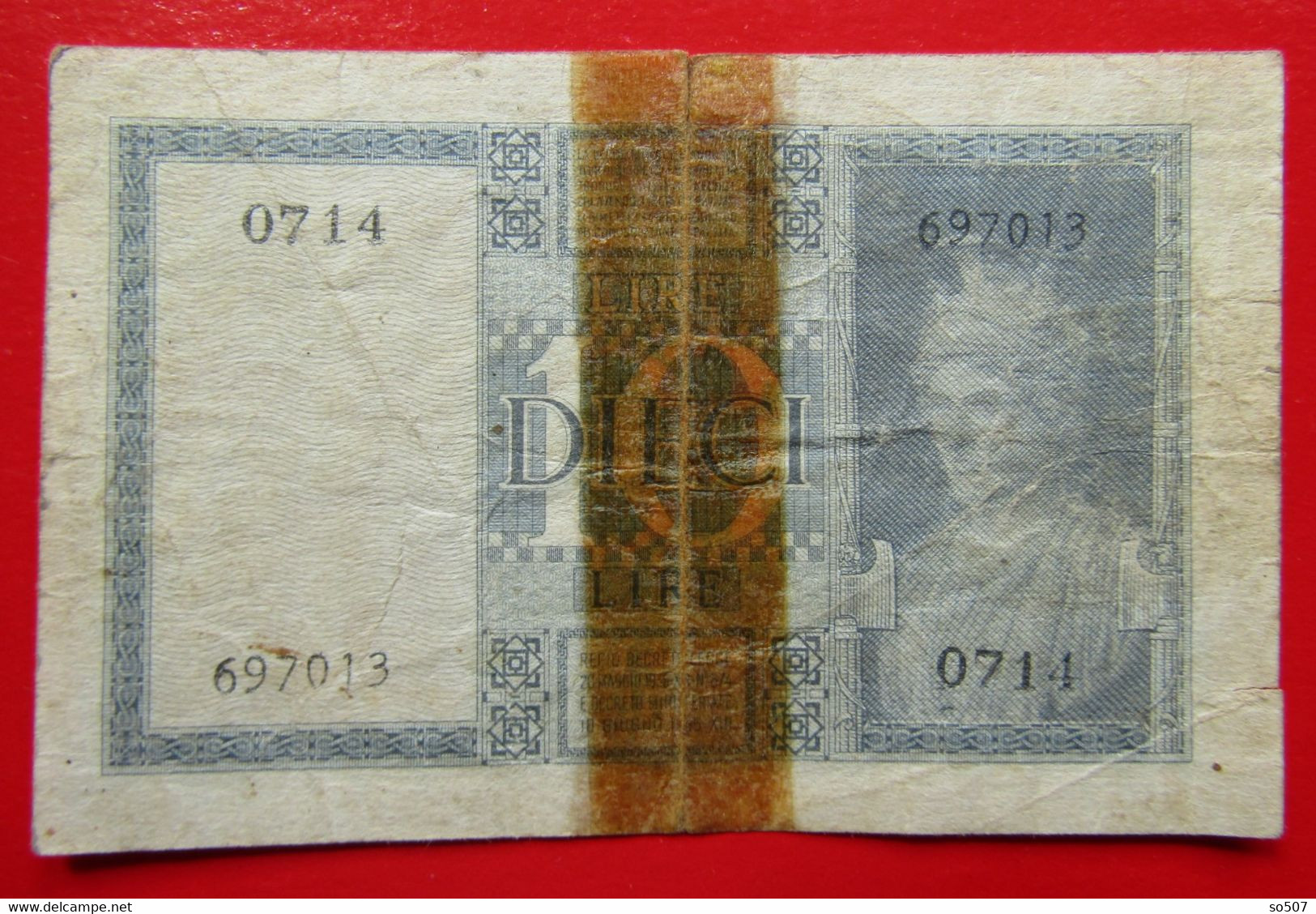 X1- 10 Lire 1944.-XXII -Serial Number:661-800 Italy,Italie-Ten Lira,King Vittorio Emanuele III. WW2. Circulated Banknote - Italia – 10 Lire