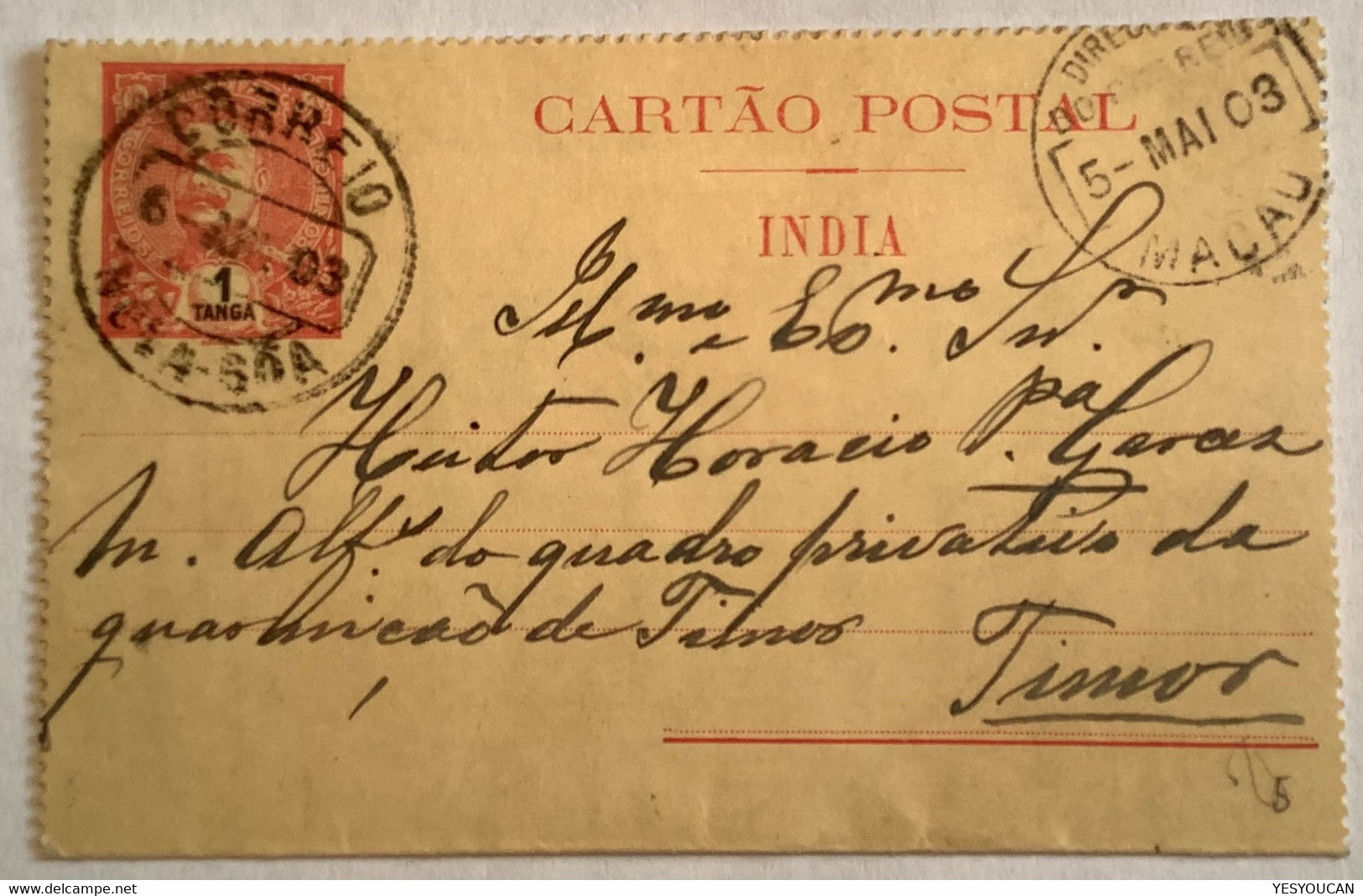 „NOVA GOA 1903“ INDIA PORTUGUEZA 1T Postal Stationery>TIMOR VIA MACAU !  (Carlos Portuguese Colonies Macao China Cover - Portugiesisch-Indien