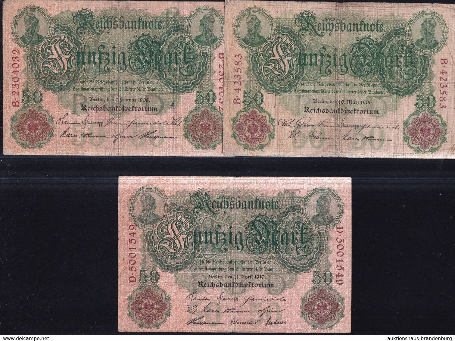 3x 50 Mark 1906, 1908 + 1910 - Reichsbank (DEU-22, 30, 38) - 50 Mark