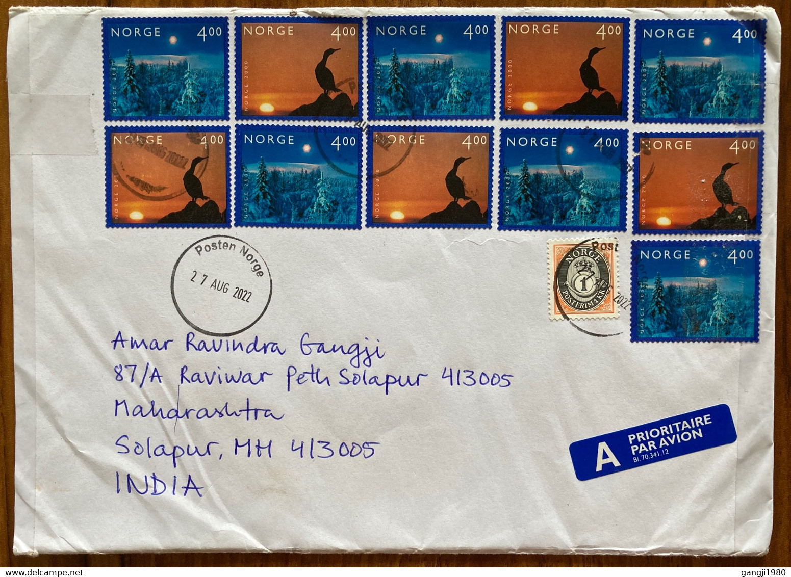 NORWAY,2022,USED COVER 1 SELF ADHESIVE YEAR 2000 MILLENNIUM STAMPS 11 AIRMAIL VIGNETTE,POSTEN NORGE CANCEL TO IN - Storia Postale