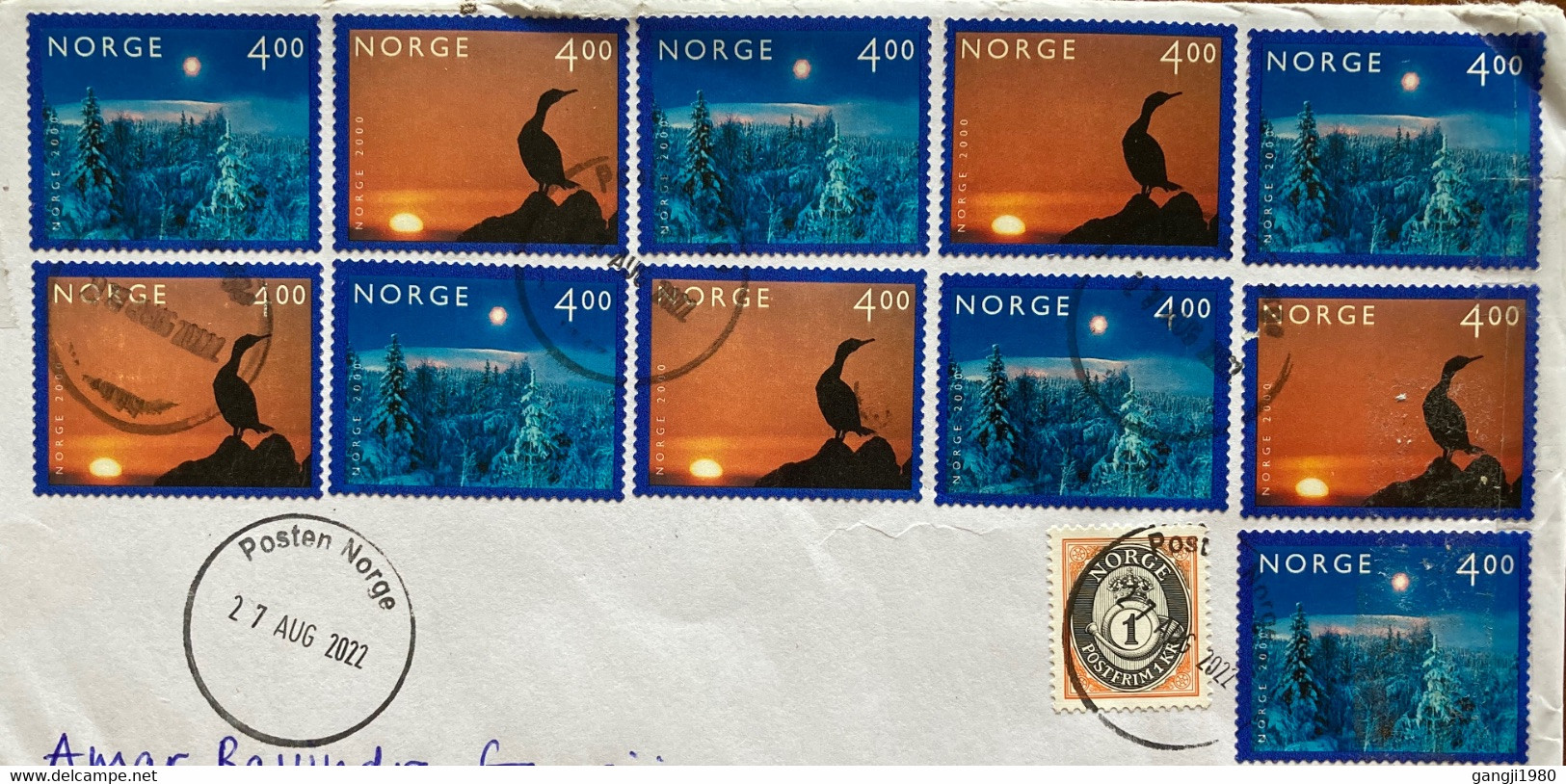 NORWAY,2022,USED COVER 1 SELF ADHESIVE YEAR 2000 MILLENNIUM STAMPS 11 AIRMAIL VIGNETTE,POSTEN NORGE CANCEL TO IN - Lettres & Documents